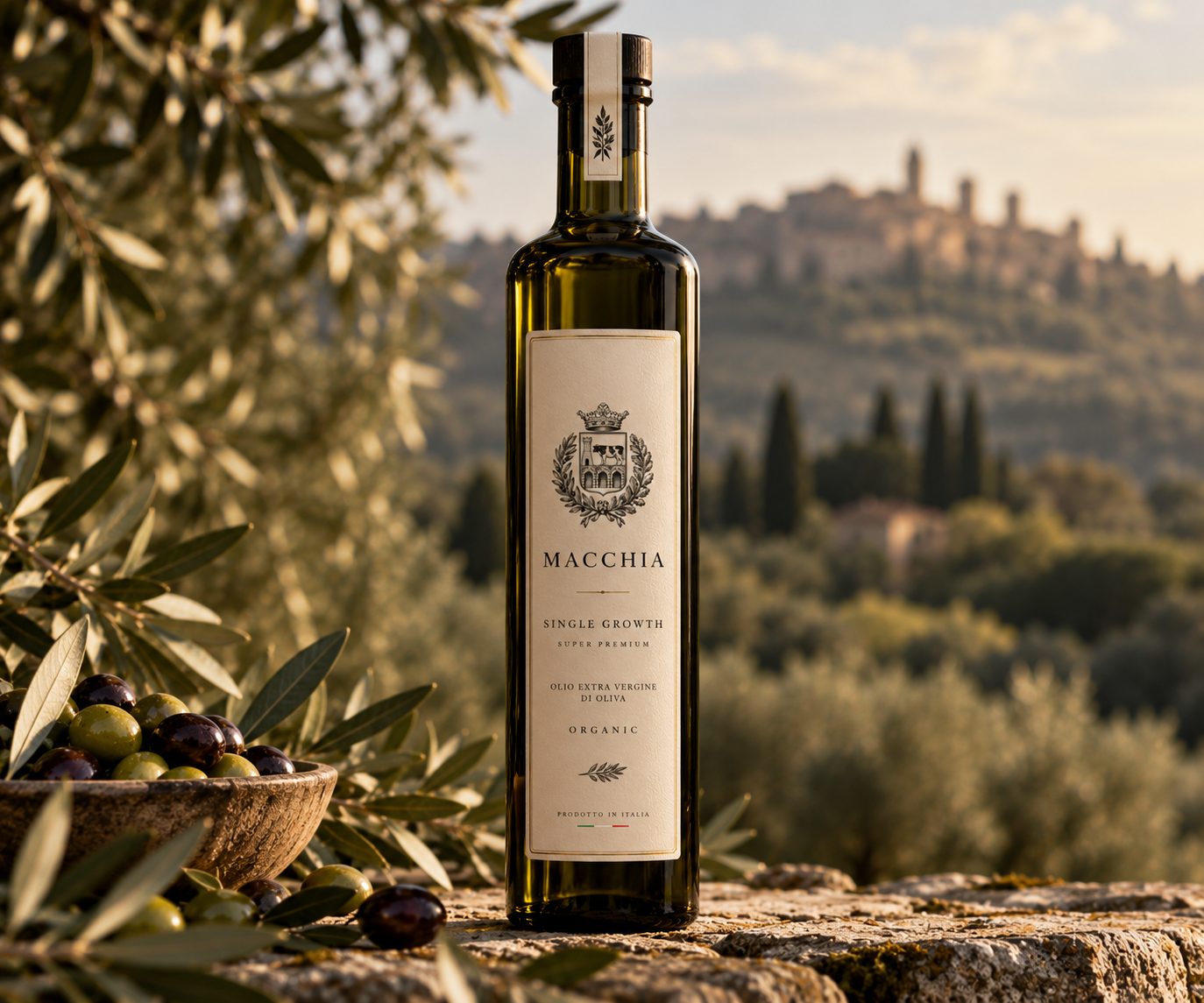 A bottle of Macchia Single Growth extra virgin olive oil on a stone wall, olives in a bowl beside it and a hilltop town behind