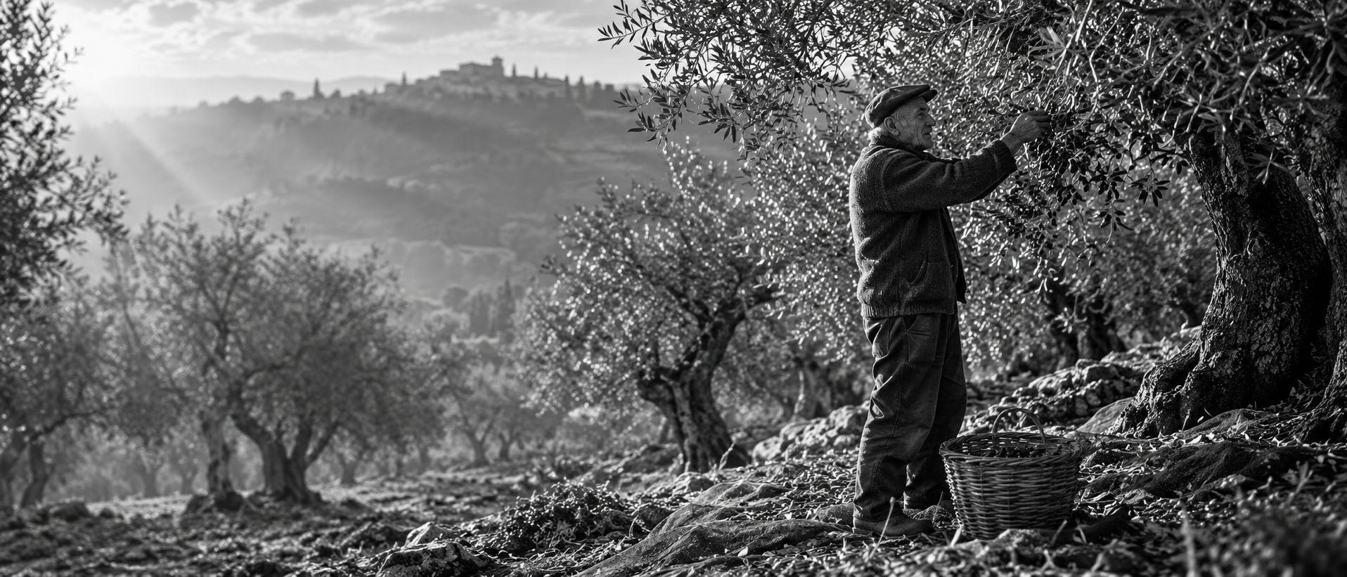 A grower hand-picking olives from an ancient tree at first light, a hilltop village behind the grove